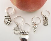 Knitting Stitch Markers, Set of 5 Markers, Pie, Cupcake, Apple, Ice cream, Pineapple