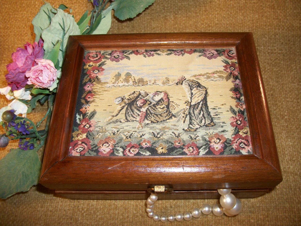 Buy Wood Jewelry Armoire Dresser. - Vintage Jewelry Box, Wood Keepsake Box, Tapestry Top Box , Dresser Top Storage, 1970s Home Decor, Flip Top Box, Two Tier Jewelry Box