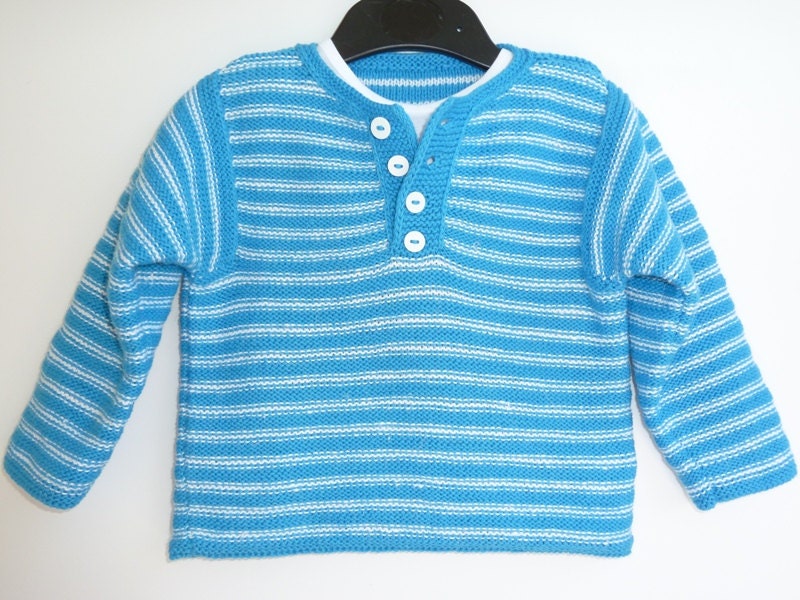 Baby sweater, 12 months, cotton and linen, hand knitted, buttoned pullover, 12M, blue and white