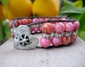 Beaded leather wrap bracelet , pink agate beads , rhinestones , distressed gray leather , silver heart button