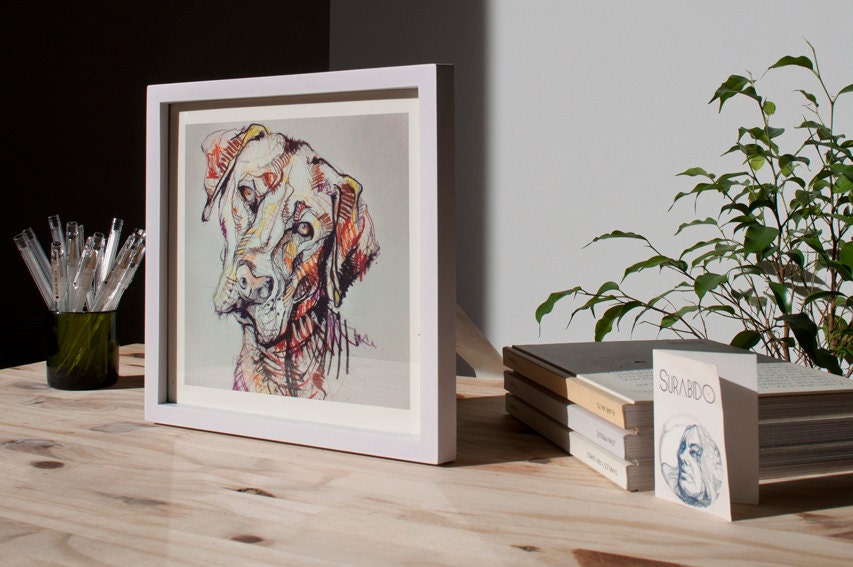 Dog print. Labrador Portrait.Pen drawing colour pencil illustration.