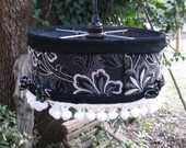 feminine black retro design pendant lighting, eco friendly, repurposed fabric, grey, black and white, flowers, pom pom