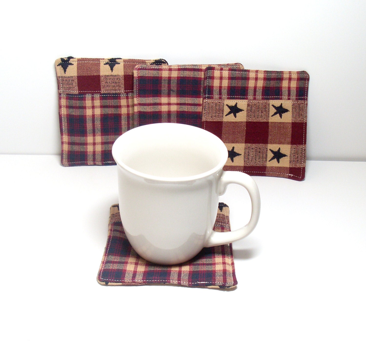 Fabric Drink Coasters - Maroon Navy Blue Beige - Plaid Stars - Set of 4