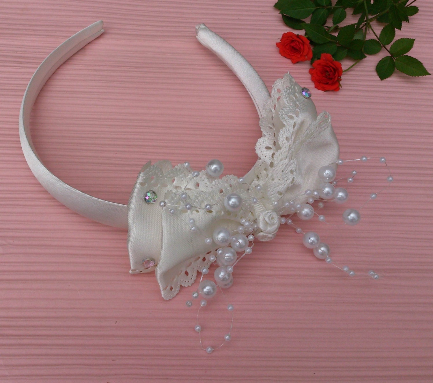 White Bow Flower Girl Headband, Handmade Lace Flower & Pearls Hair Accessories, Flower Girl-Bridesmaid-Wedding-First Communion-Special Days