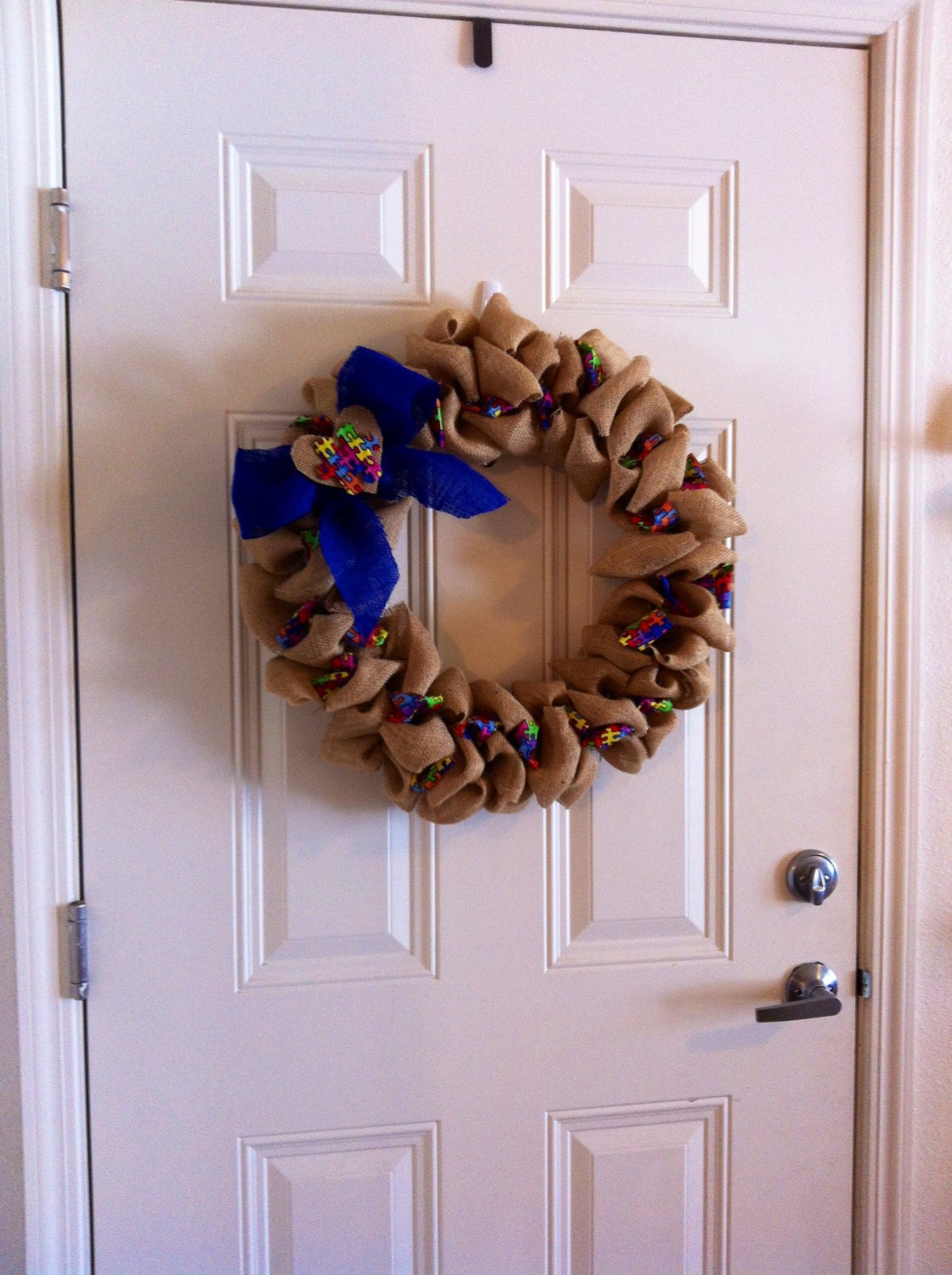 Burlap Autism Awareness Wreath Ryan's Wreath puzzle piece wreath 20-21 inches - onceuponaflowerbyMW