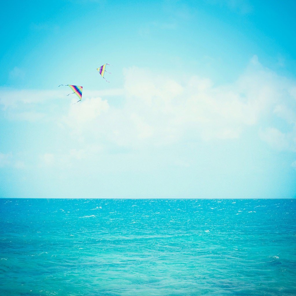 Fine Art Photography Print, Two Kites over Blue Ocean Water, Blue Sky with  White Clouds, Lake - 16 x 16 Print
