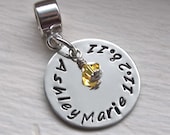 Mother's Jewelry Hand Stamped Charm for European Bead Bracelets Sterling Silver Swarovski Crystal Birthstone