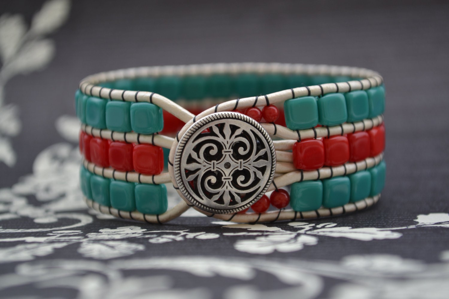 Beaded Wrap Bracelet, Wrap Bracelet, Leather Wrap Bracelet, Beaded Bracelet, Chann Luu Style, Czech Beads, Red, Turquoise
