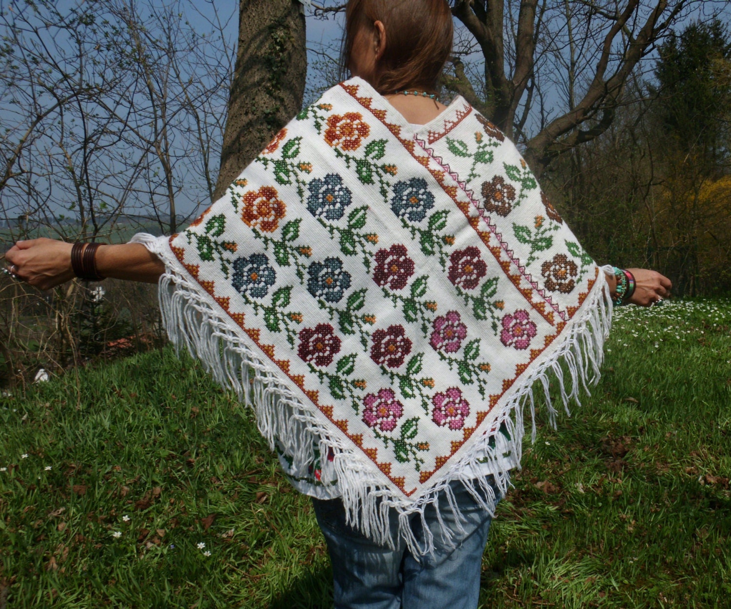 handmade mexican hippie folk art wool  poncho LITTLE FLOWER woven and floral  hand embroidered bohemian ethnic gypsy woodstock flower