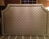 Queen Upholstered Curved Corner Headboard, Gray Chevron , Silver Nickel Nailhead