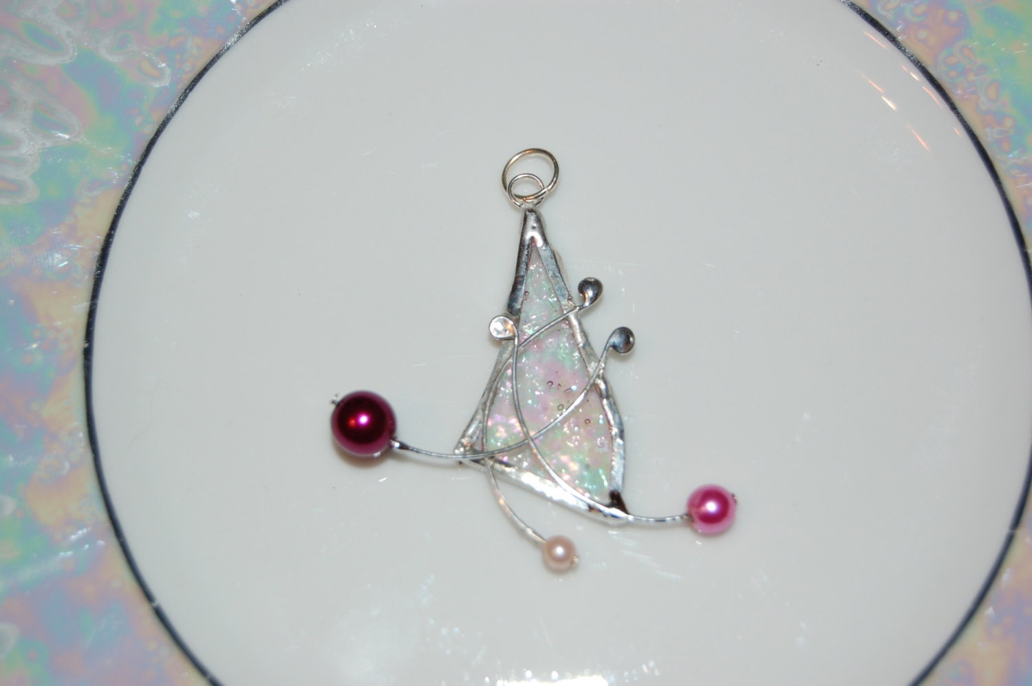 Clear Iridescent Stained Glass Pendant, Pink  Pearl, Womens accessories jewellery, unique, abstract