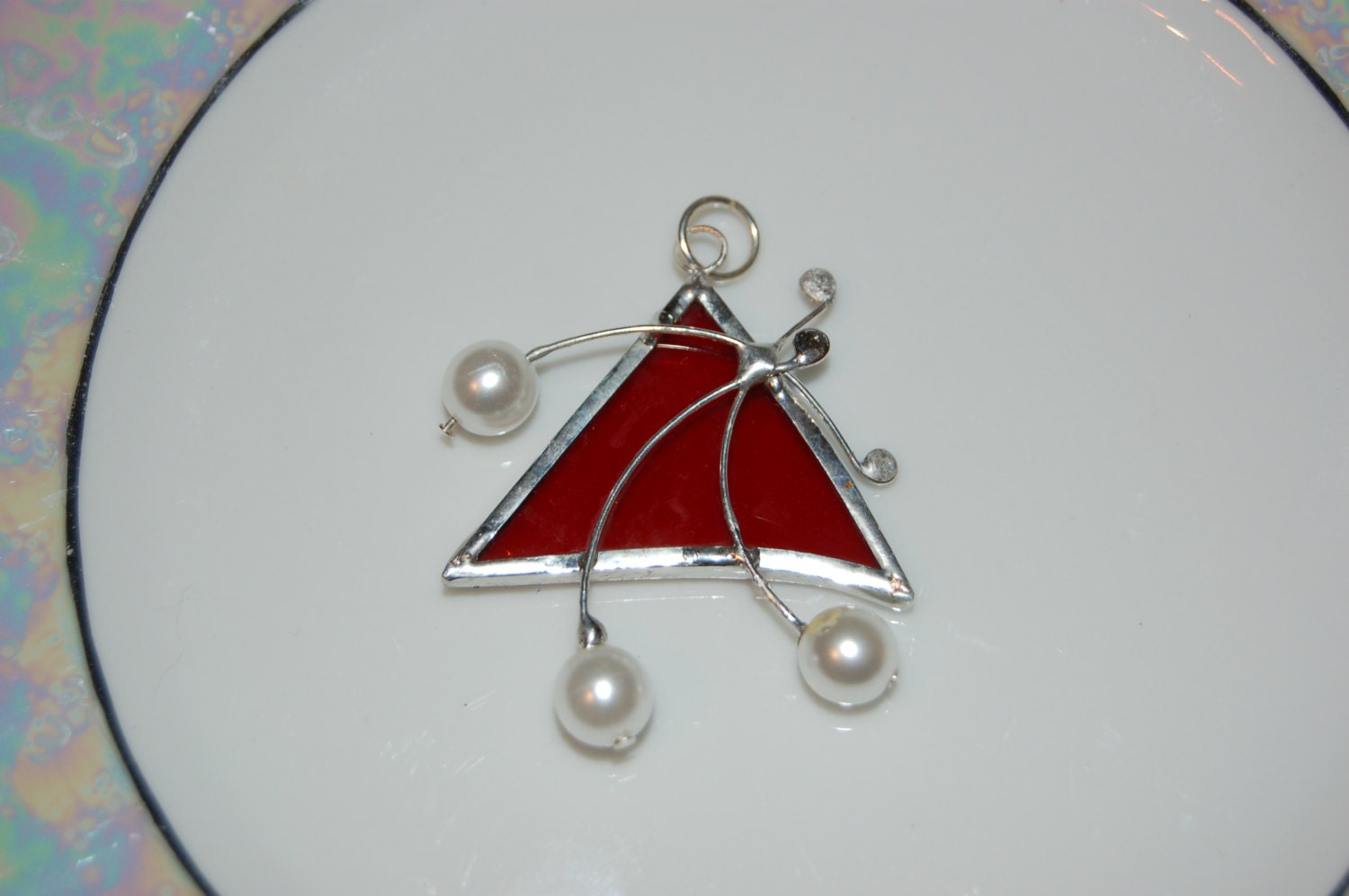 Red Stained Glass Pendant,  Pearls, Womens accessories jewellery, unique, abstract