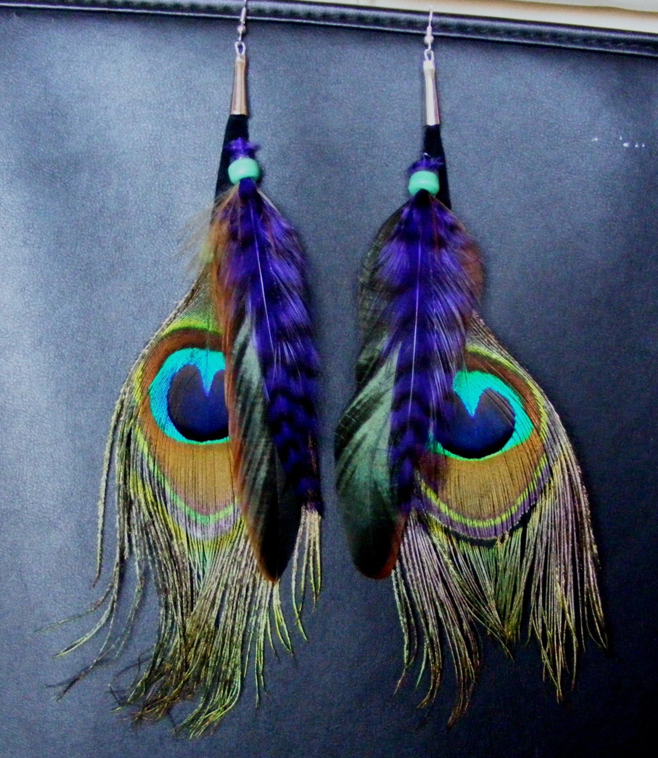 Jewelry, Earrings, Feather Earrings, Handmade Feather Earrings, Peacock Feather Earrings, Purple and Green Feather Earrings Sku 006