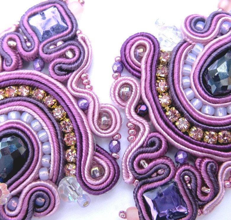 Violet Soutache Earrings with Czech Beads Toho Swarovski  Soutache Braid Zircons Glamour and Shiny Style Gift Colorful