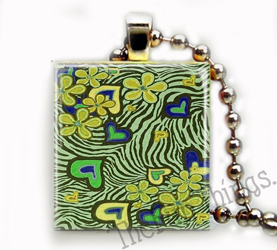 Art Deco Recycled Scrabble Tile Necklace Pendant Animal Print Hearts Flowers A3