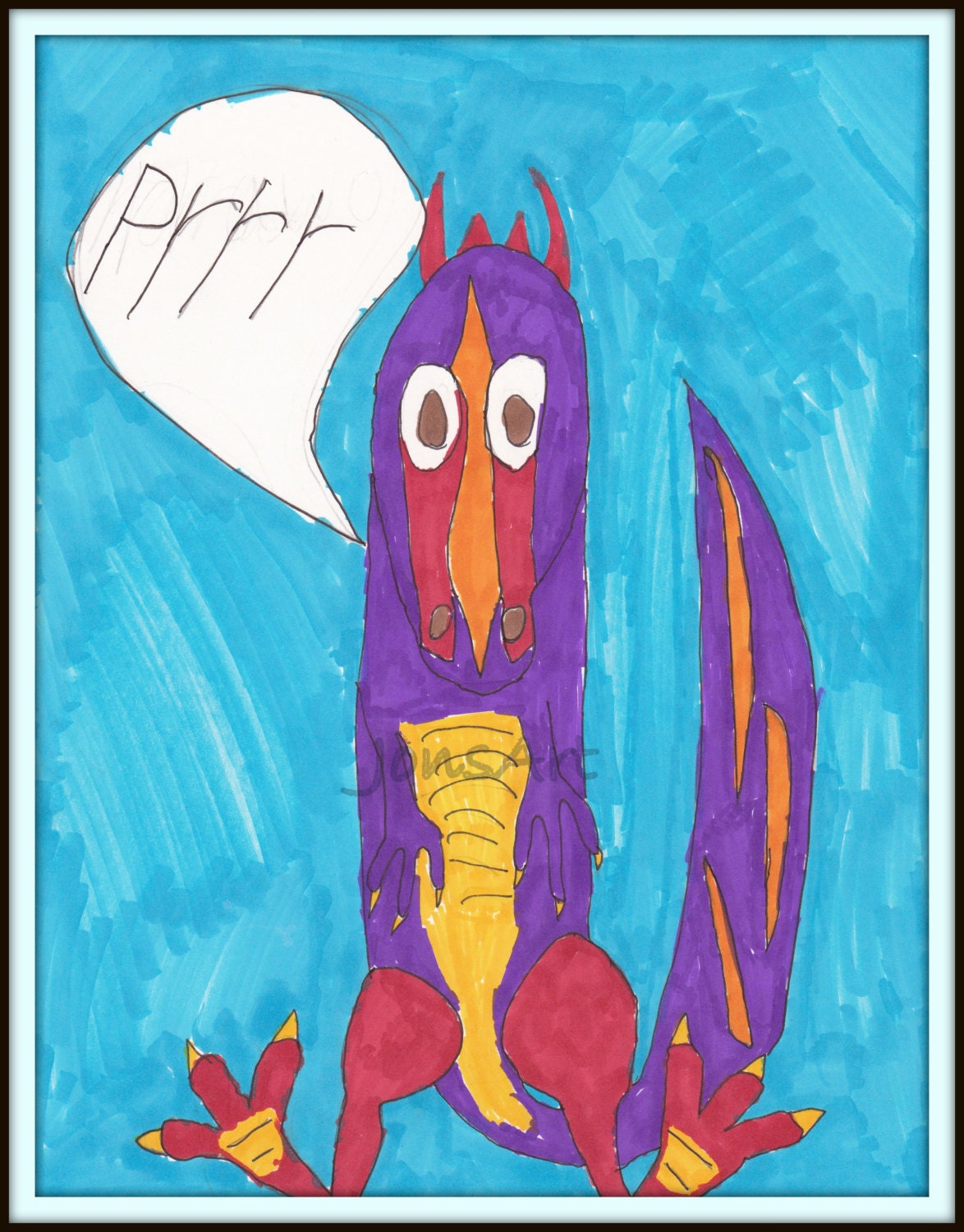 ON SALE - Child's Wall Art Print, Copic Marker, Kids Room, Children, Home Decor, Purple Dinosaur, Blue, Red, Orange, 8 x 10