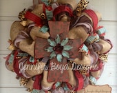 Western Rustic Red, Turquoise, Leopard print and Burlap Cross Deco Mesh Wreath,