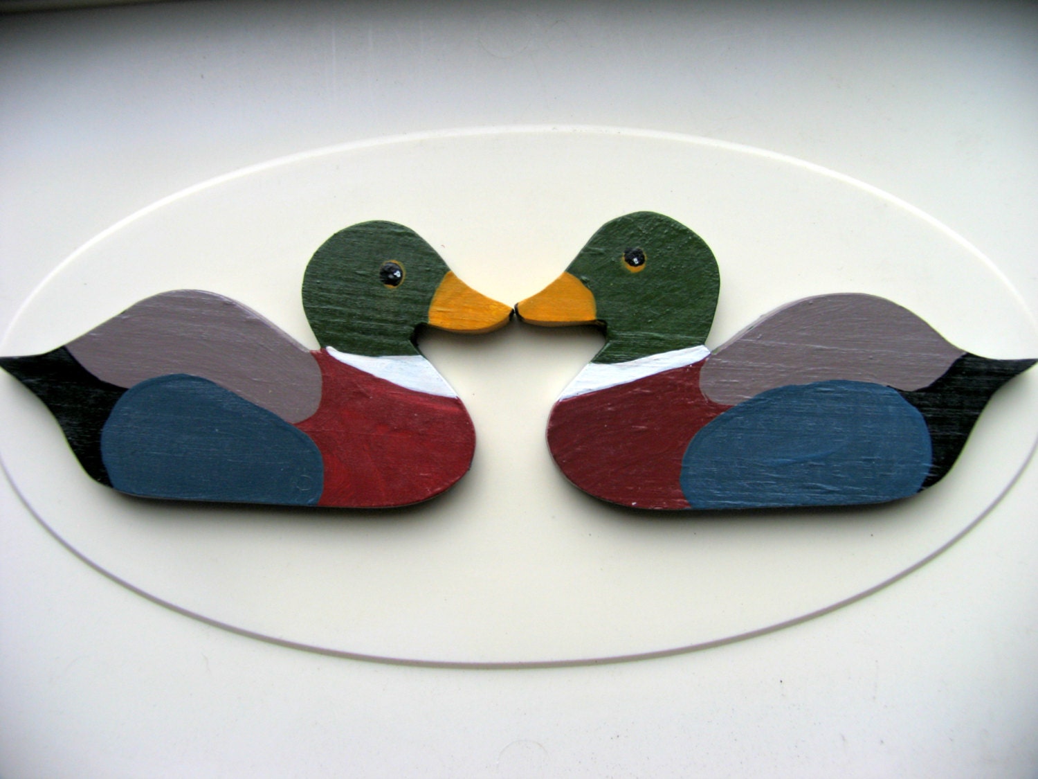 A Pair of Wooden, HandPainted Drake Mallard Duck Refrigerator Magnets.