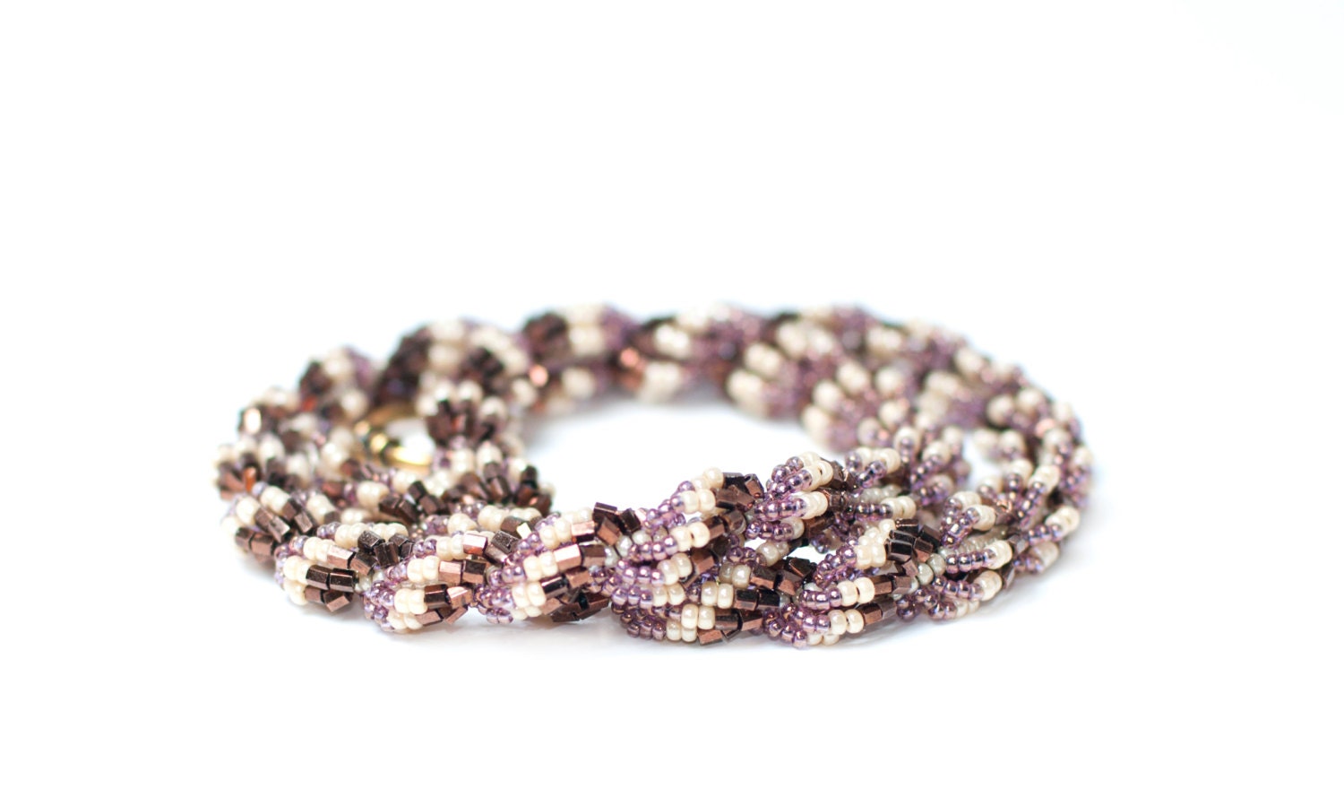 Double spiral copper, pearl, and pink beaded necklace