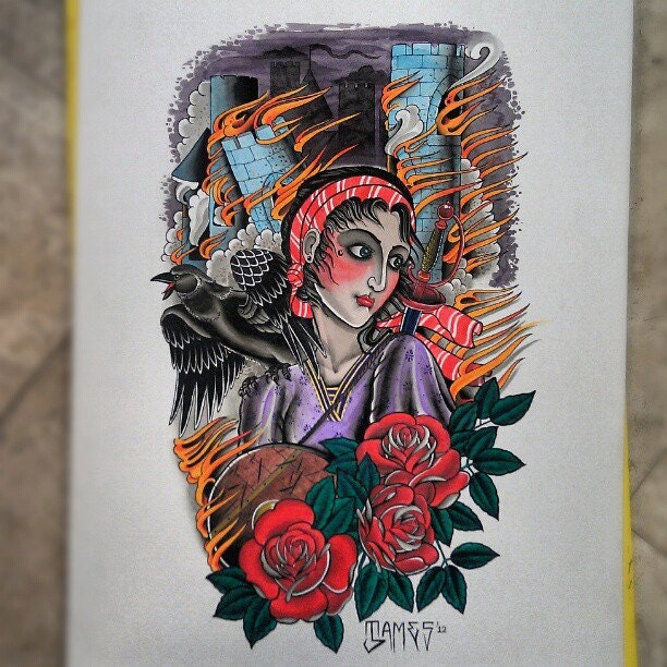 Traditional Tattoo Flash Watercolor Gypsy Escaping A Burning Castle