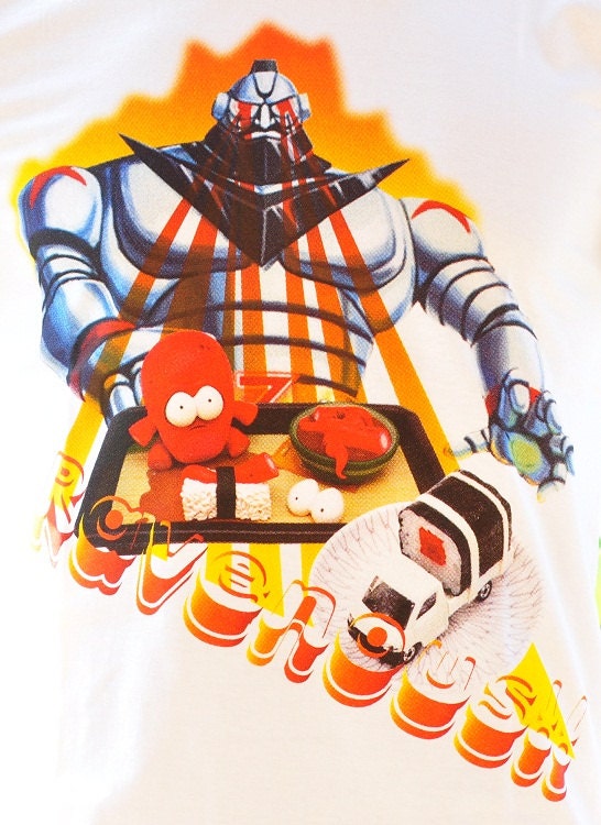 Hand Made Printed Colorful Funny Design Vintage illustration Comics SciFi Robot Octopus Sushi 100% Cotton Soft Tank Top T-Shirt Women Size S