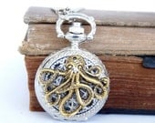 Octopus Pocket Watch Locket Necklace - Silver and Gold Jewelry - Gift Present