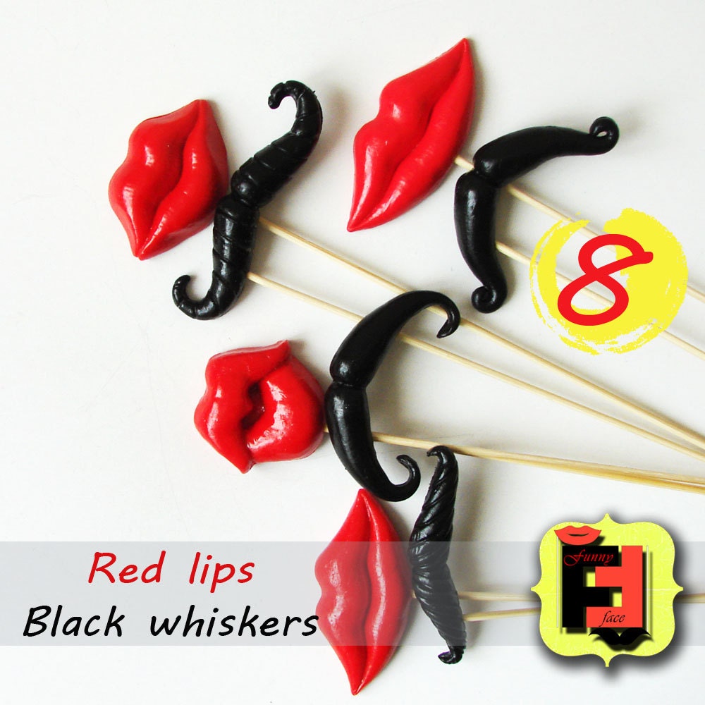 Photo booth Props Set from - 4 red plastic lips and 4 black plastic whiskers for wedding, engagement, party decoration