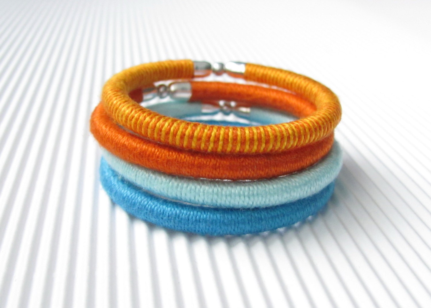 SALE to 20% Orange Blue Cotton Thread Bracelets Set, Thin Yarn Bracelet, Fiber Wrap Bangle Bracelets, Friendship Bracelet, Summer Colors