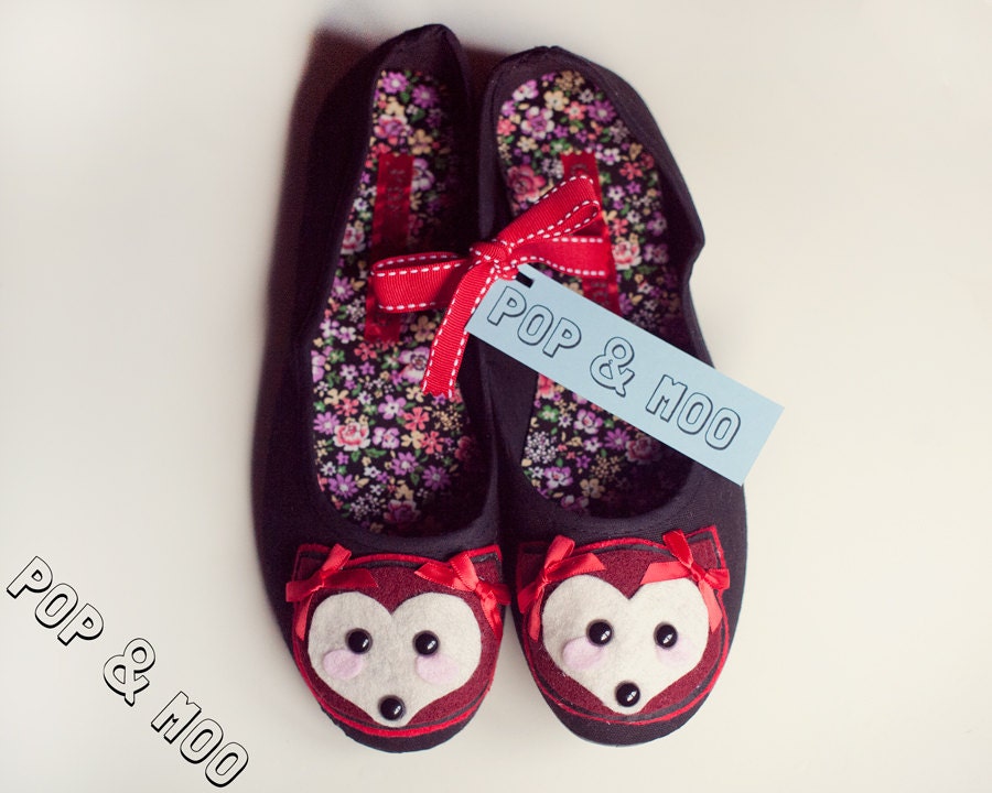 Cute fox ballet flats / Kawaii animal black canvas womens shoes / Quirky adorable footwear UK Size 5