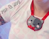 Cute cat necklace / Felt kawaii kitty jewellery for women / Statement kitten jewelery with red ribbon and bow by Pop and Moo.