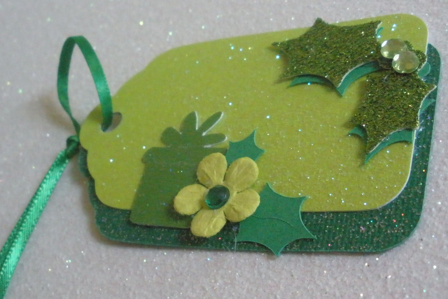 Buy gift tags and cards handmade - Christmas Gift Tag/Card, Handmade, Embellished, Greens, Present, Holly Leaves, Unique, Christmas in July only early June Jingle