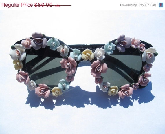 ON SALE Pastel Colored Ceramic Floral Round Frame Cateye Sunglasses Summer
