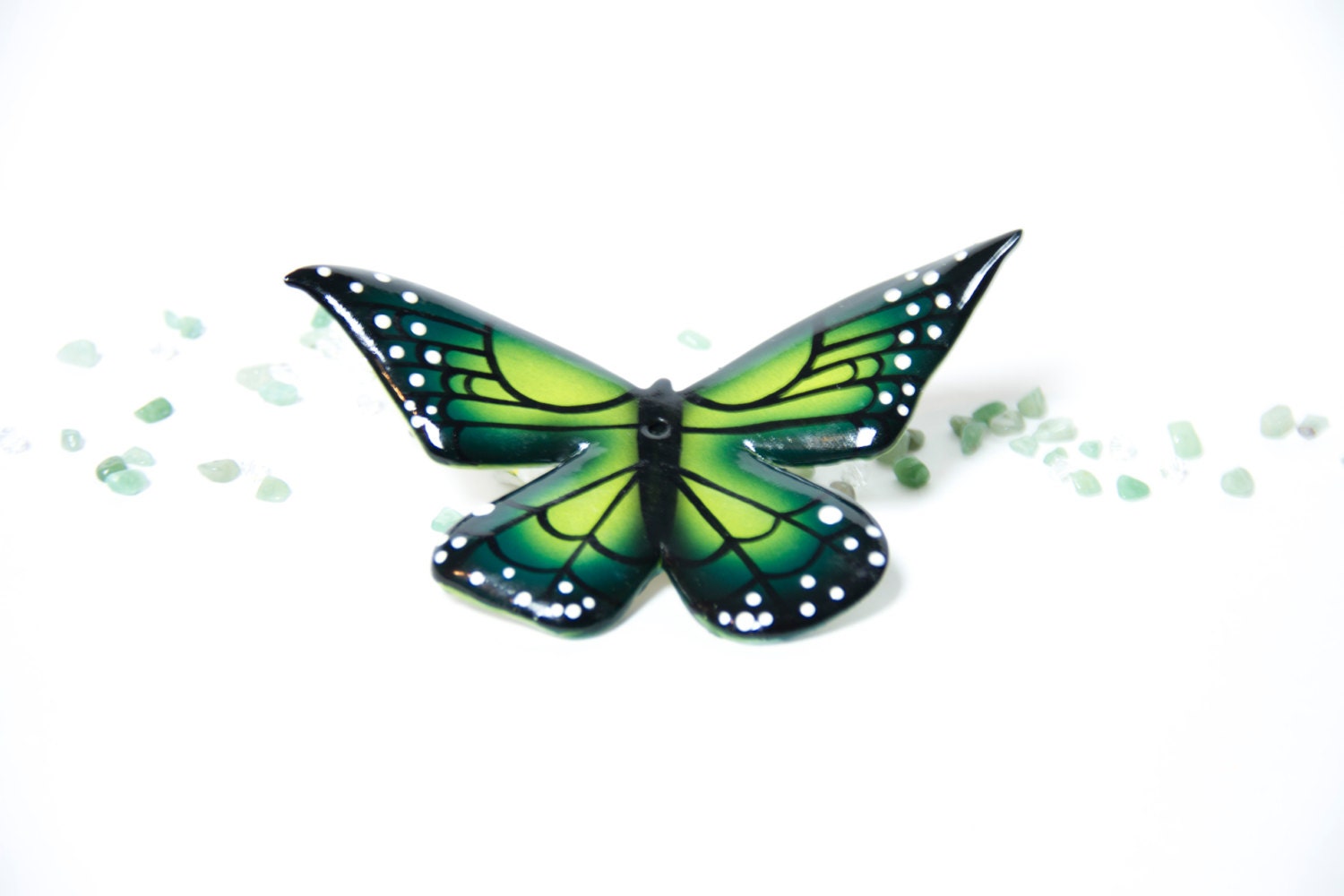 Butterfly handmade sculpture ornament, hand-painted, ceramic, green  (large)