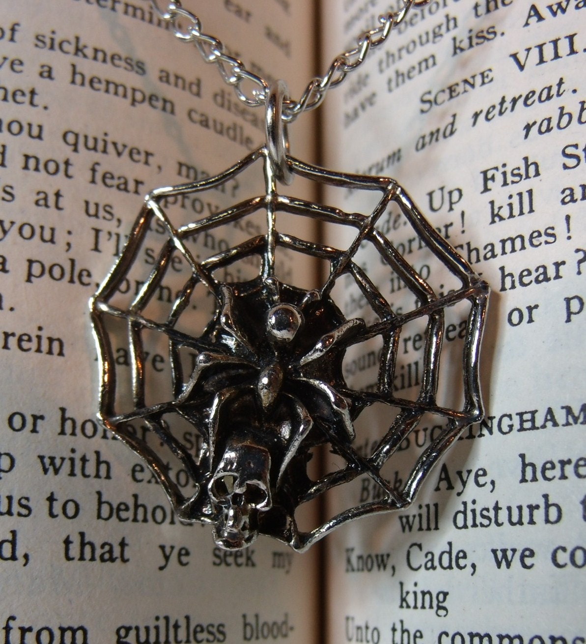 Spider, Web and Skull Necklace Black Silver Tone Pendant Steampunk Gothic Jewelry