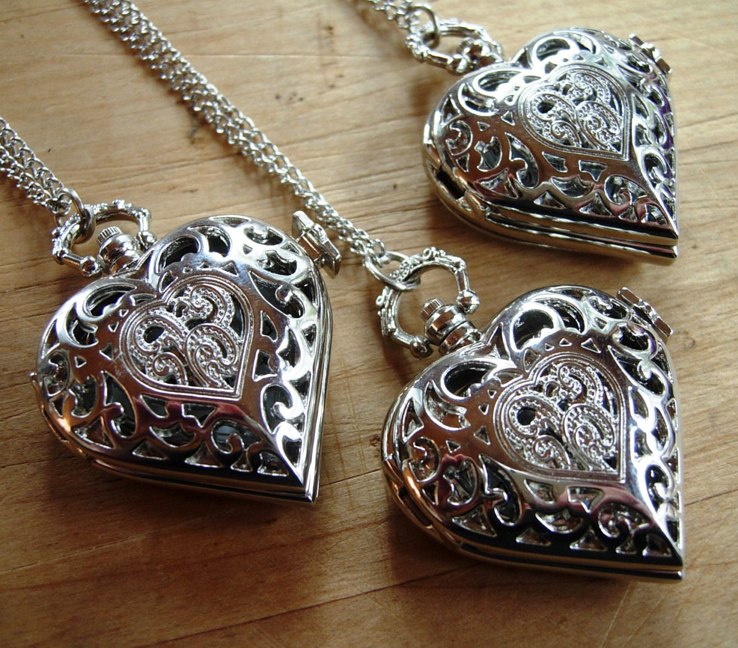 Silver Heart Clocket Necklace Long Drop Pocket Watch Pendant Set of 3 Bridesmaid Bride Gift Idea