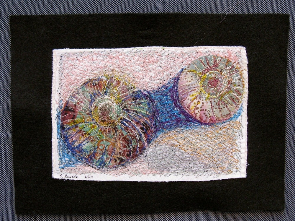 Cobalt blue, Teal & Green Desert Cacti, free motion machine embroidery, thread painting, art quilt, small wall hanging, thread drawing,