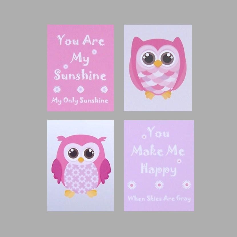 Nursery Art Decor, Kids Wall Art, Baby Girl Nursery, Nursery Wall Art, Pink, Owls, You Are My Sunshine, Set of 4, 8x10 Prints