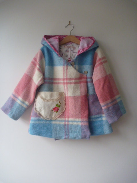 custom order, childrens clothing wool Eskimo jacket in pink and blue check