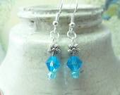 Beautiful Turqoise Bi-cone Crystal & silver flower Dangle Drop Earrings on Silver french hooks, great Birthday Gift idea, mom, wife, friend