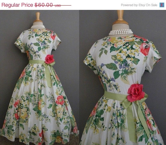 25% DRESS SALE Vintage 80s does 50s Lush English Floral Garden Party Swing Dress - VTG 1980s 1950s Fancy Wedding Tea Frock