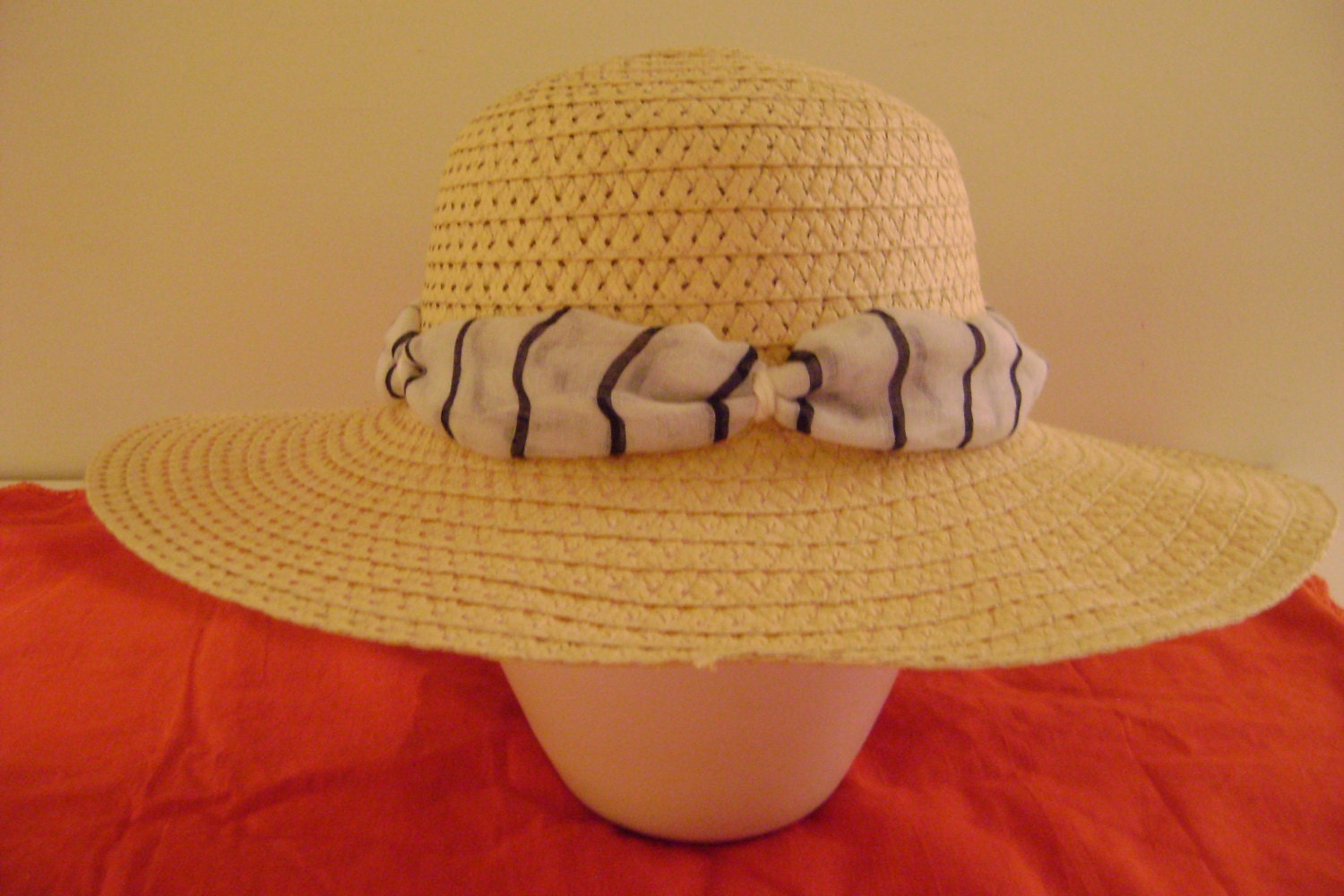 Beige Floppy Hat, Upcycled hat, Blue trim hat, summer covering, beach hat