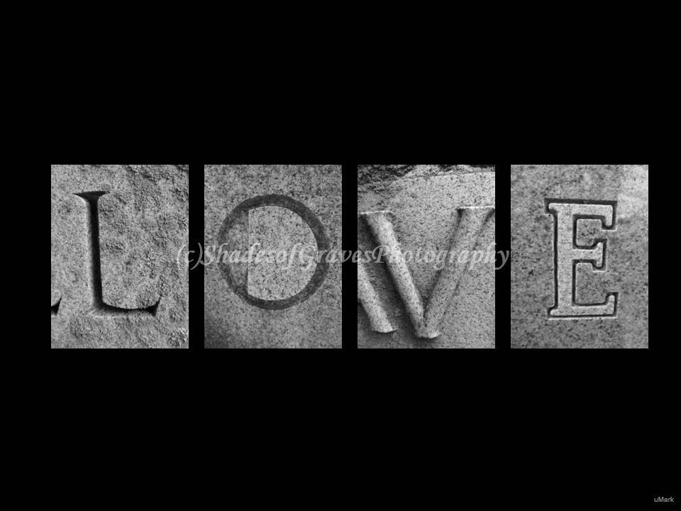 LOVE - Gravestone Alphabet Photography Art with a Custom Frame - Black & White