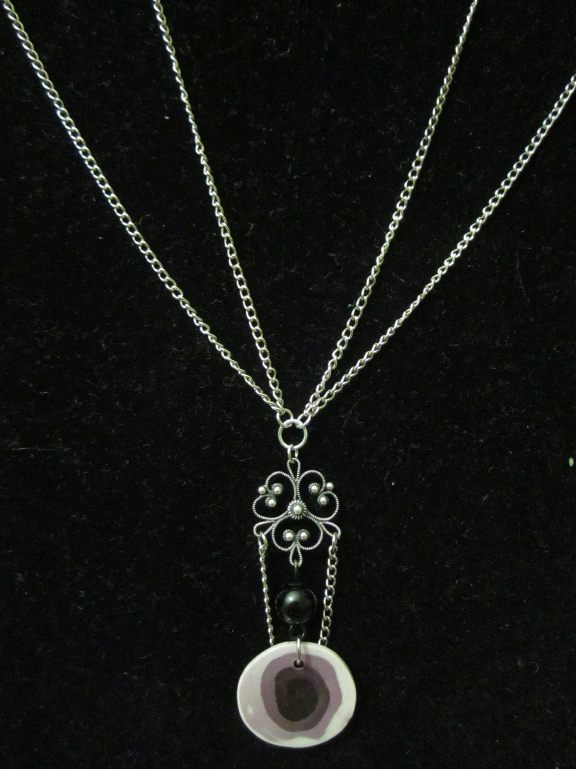 Purple swirl necklace and earrings set // Purple beads in polymer clay on silver chain
