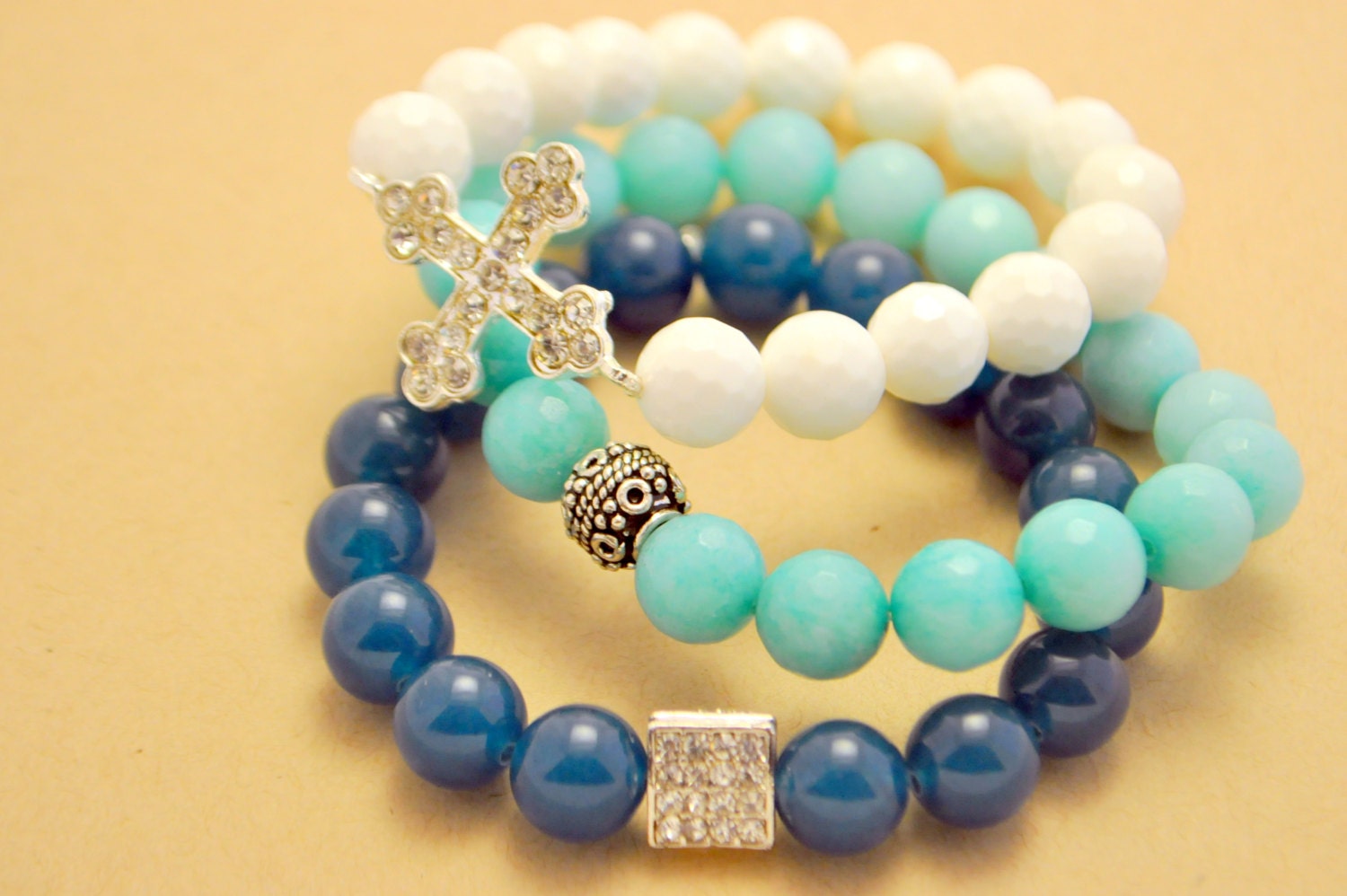 Ocean aqua-blue jade gemstone bracelet with pave crystal square charm stretchy bracelet/ stacking bracelet/Easter/Mothers Day