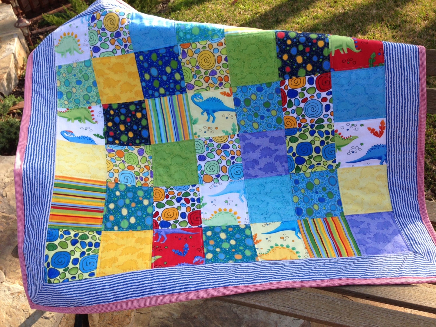 Dinosaur baby quilt / blanket - red, blue, green, yellow dinos