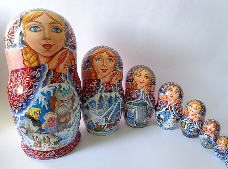 Matryoshka dolls, a set of 10 nesting dolls. The Russians painted dolls with subjects of the Russian folk fairy-tale "Morozko".