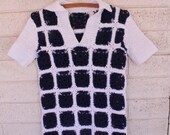 1970s Vintage HANDKNIT Shirt Handmade Yarn Collared Crocheted Women's Comfy One of a Kind Square Knit Collar -- Navy Blue and White - M