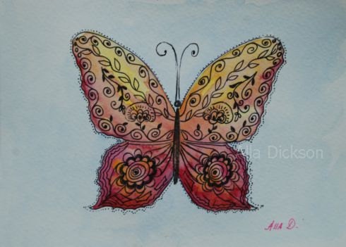 8x10 art print of the original watercolor, "My Little Baby Girl", wall decor, butterfly, pink, yellow, watercolor, ink drawing