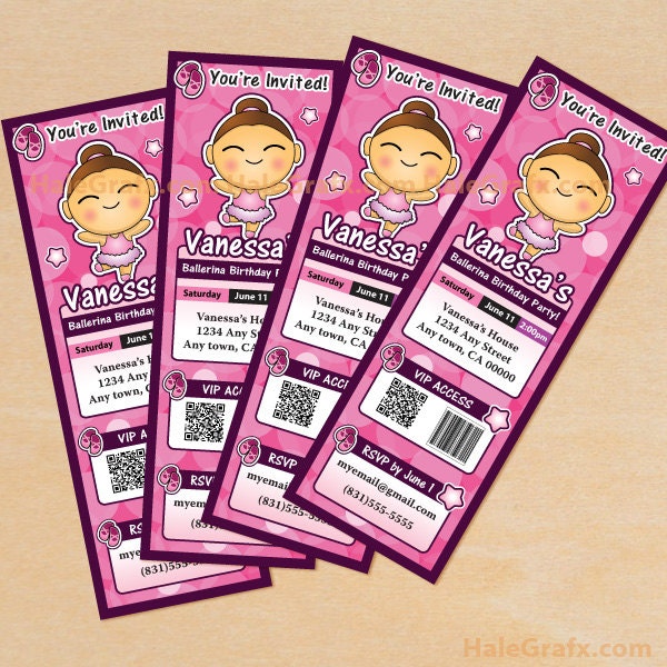 Ballerina Birthday Ticket Invitations Customize Your Ballerina Printable, DIY File