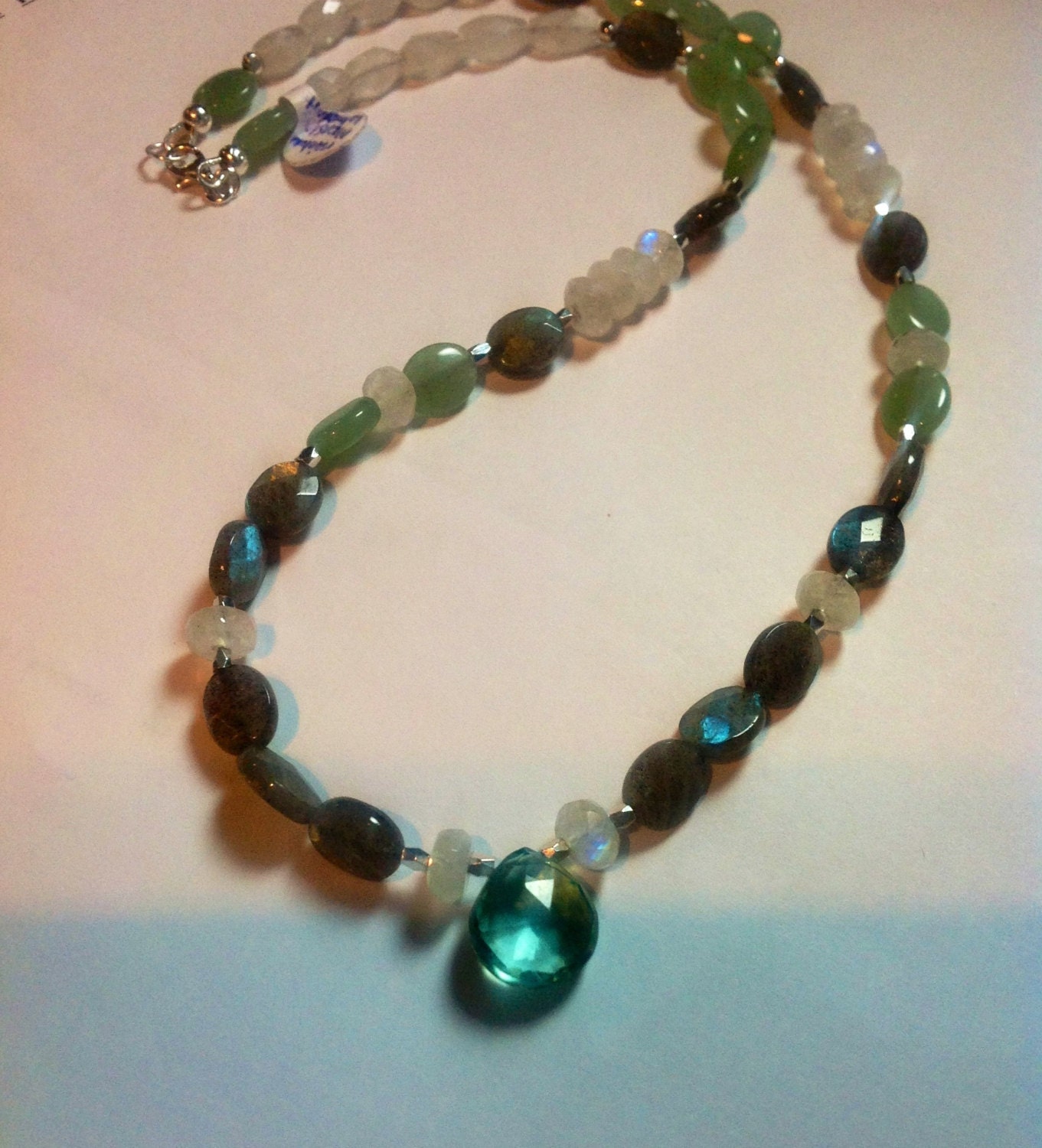 sterling silver necklace beaded with quartz, chrysoprase, labradorite and rainbow moonstone